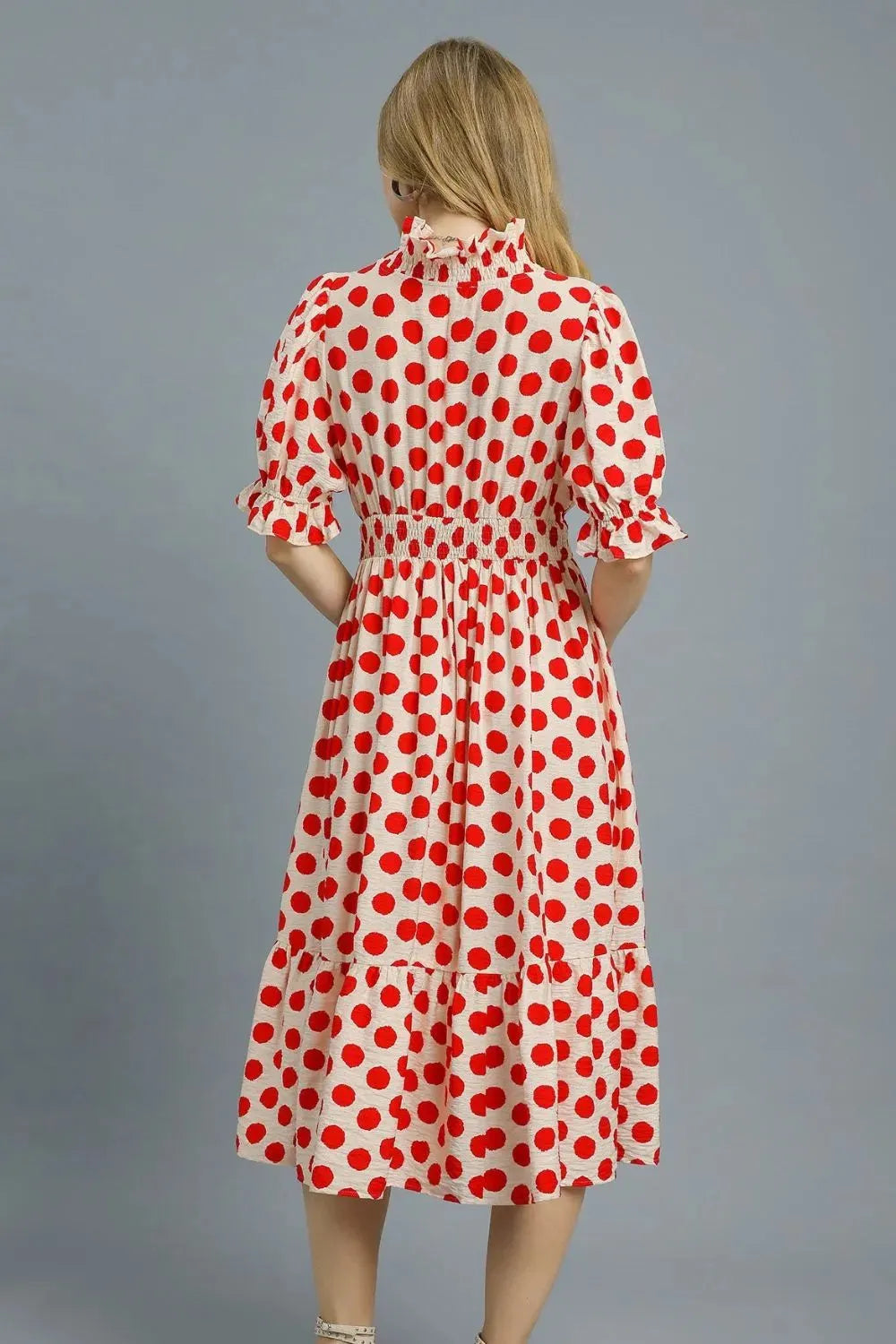 Umgee Polka Dot Ruffled Smocked Waist Midi Dress
