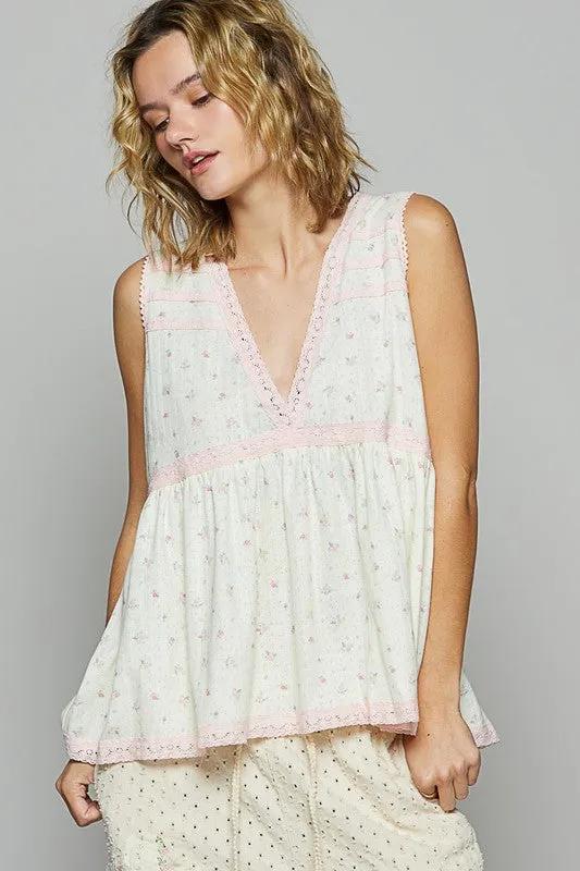 Lace Floral V-Neck Sleeveless Top | Casual Summer Style in Cream