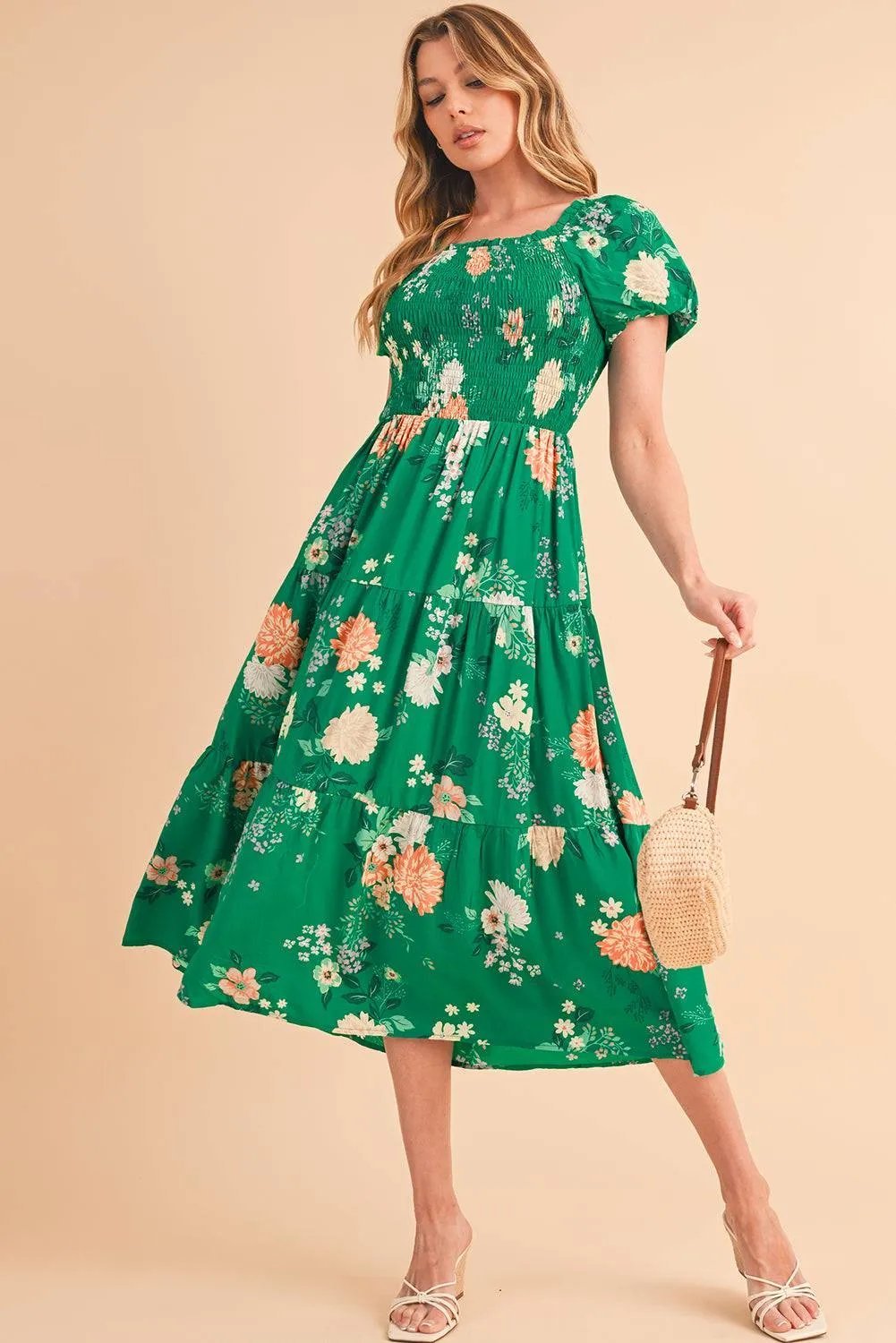 Green Floral Print Smocked Tiered Midi Dress with Bubble Sleeves – 100% Viscose