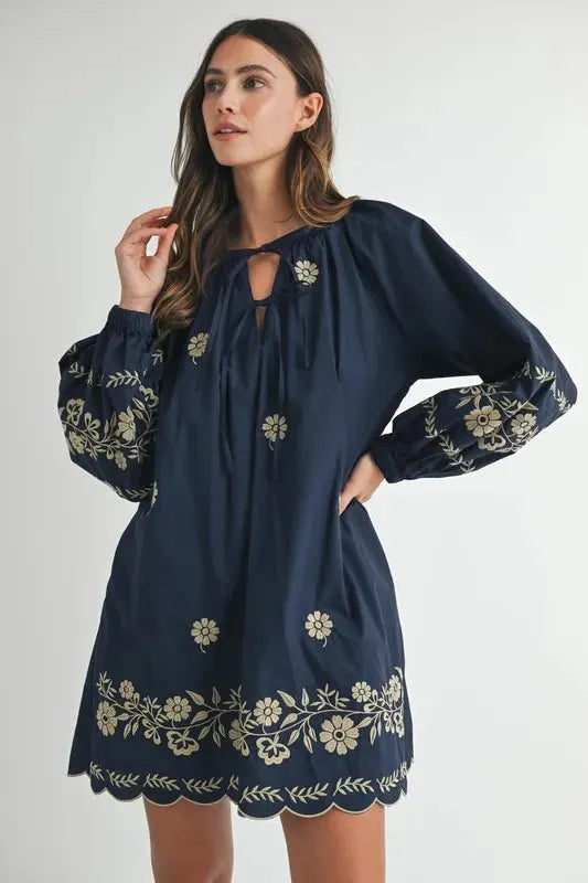 Embroidered Long Sleeve Peasant Mini Dress: Boho Elegance Redefined