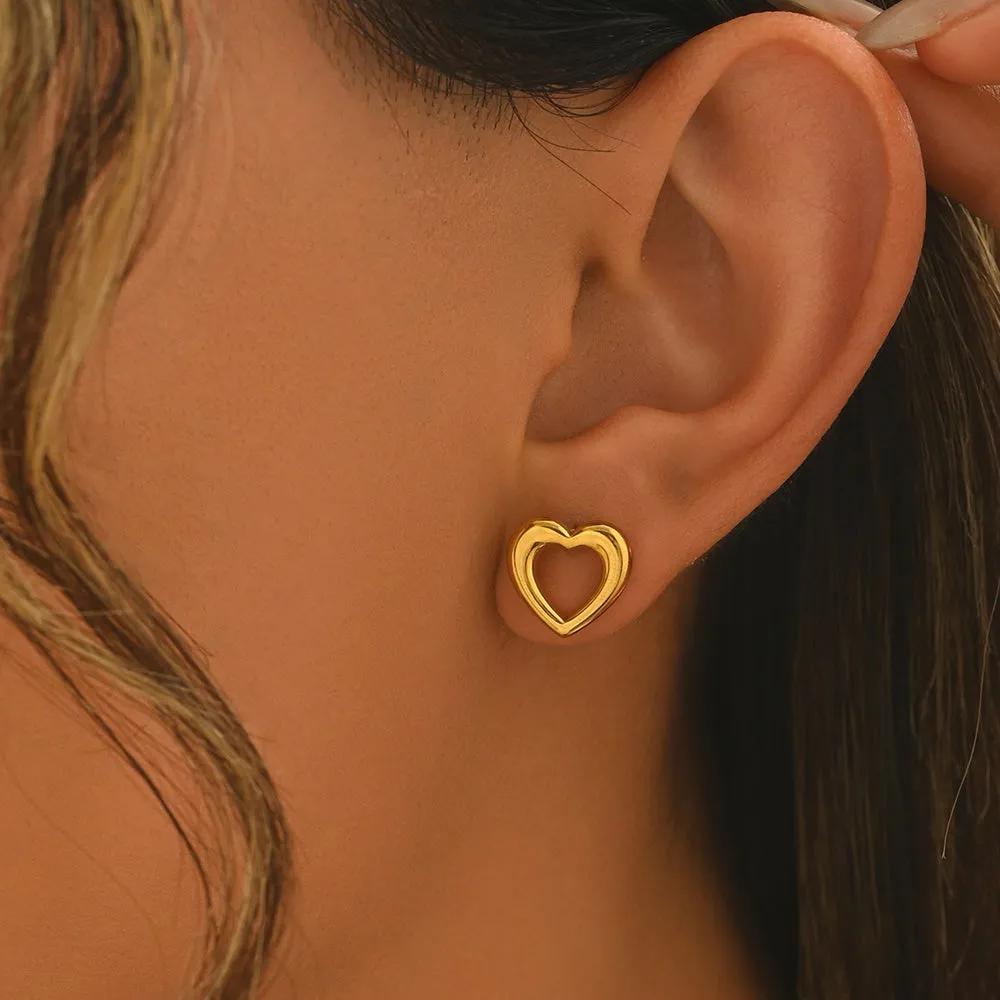 Gold Heart Stud Earrings – Polished Stainless Steel, 10K Gold Look, Nickel Free, Recycled