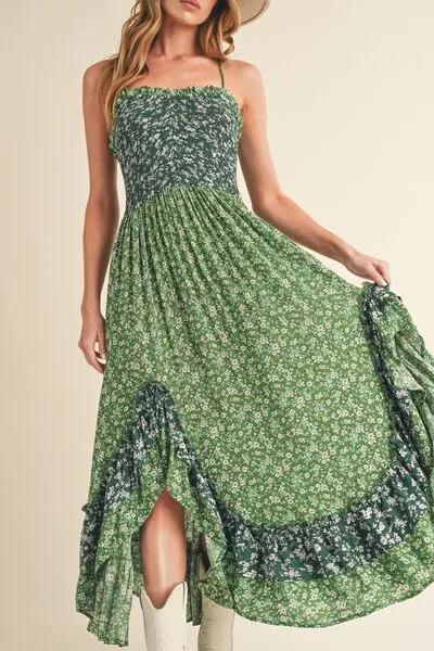 Green Ditsy Floral Ruffled Hem Maxi Cami Dress