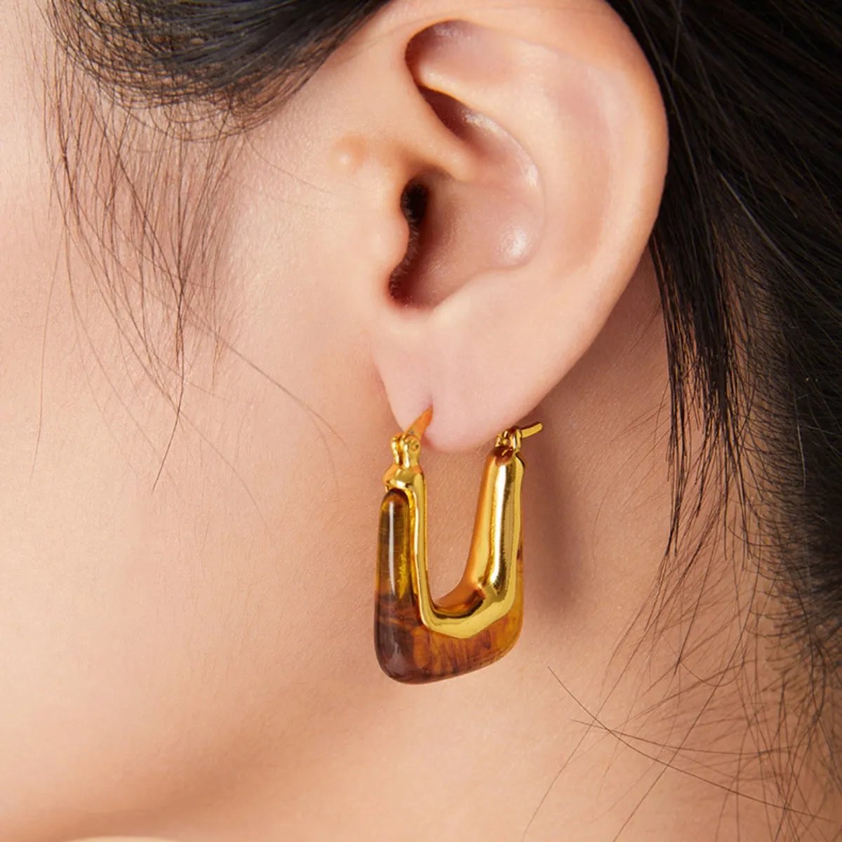 Gold-Plated U-Shape Resin Earrings - Modern Lightweight Design