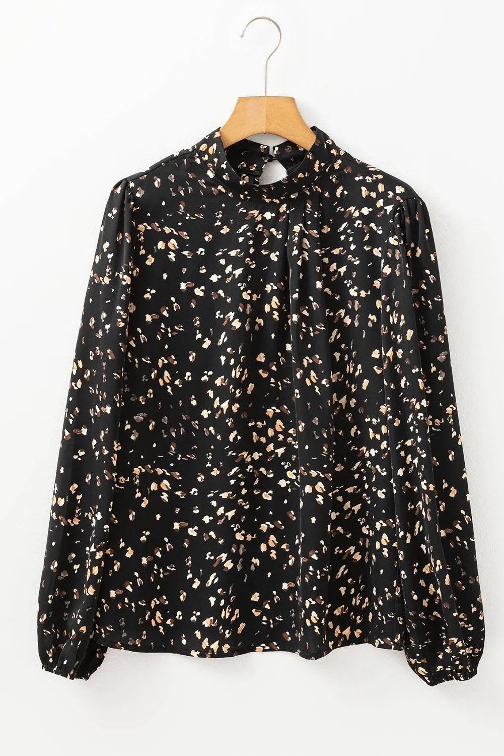 Leopard Print Puff Sleeve Mock Neck Blouse with Pleated Detail – Black or White