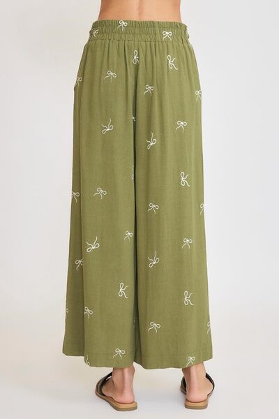 Lace Drawstring Embroidered Bow Wide Leg Pants Trendsi