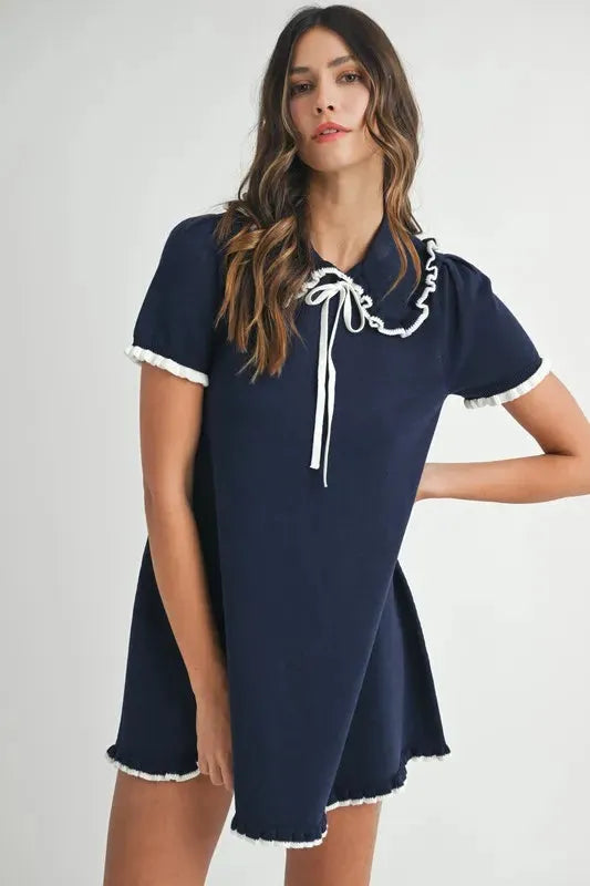 Ruffle Trimmed Collar Fine Knit Mini Dress – Sophisticated & Chic