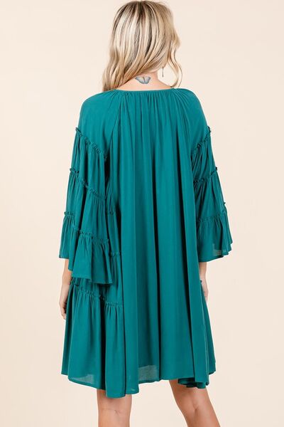 Teal Color Frill Tie Neck Bell Sleeve Dress That Screams Effortless Chic Trendsi