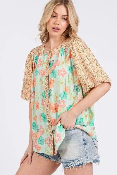 Button Down Bubble Sleeves Light Green Shirt for Women - Shop 2025 Styles
