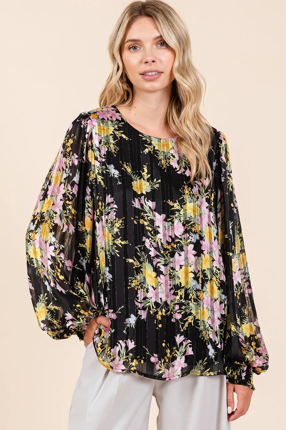Satin Gold Lurex Striped Chiffon Top – Elegant Long Sleeve Blouse Jewelry Bubble