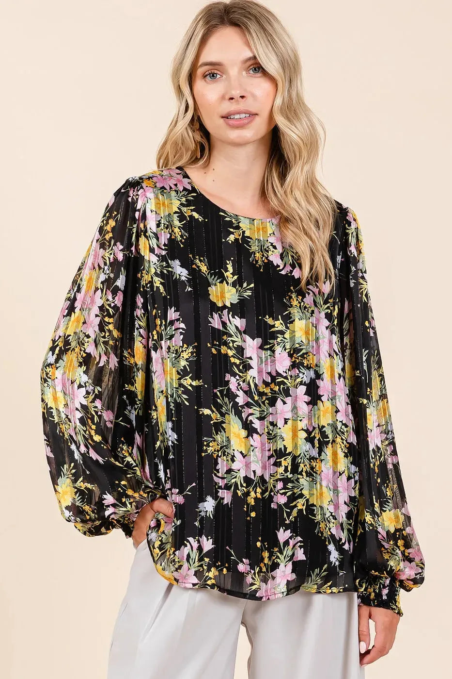 Satin Gold Lurex Striped Chiffon Top – Elegant Long Sleeve Blouse