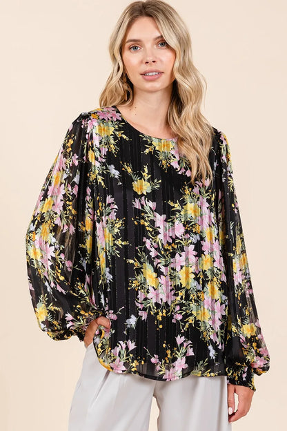 Satin Gold Lurex Striped Chiffon Top – Elegant Long Sleeve Blouse Jewelry Bubble