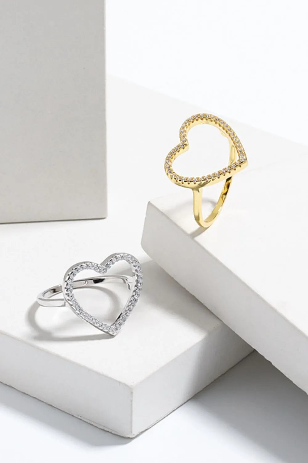 Open Heart Ring: Elegant Zircon-StuddPavé Cubic Zirconia Open Heart Ringed Design in Gold and Silver Finishes