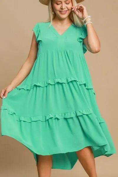 Ruffle Tiered Cap Sleeve Midi Dress