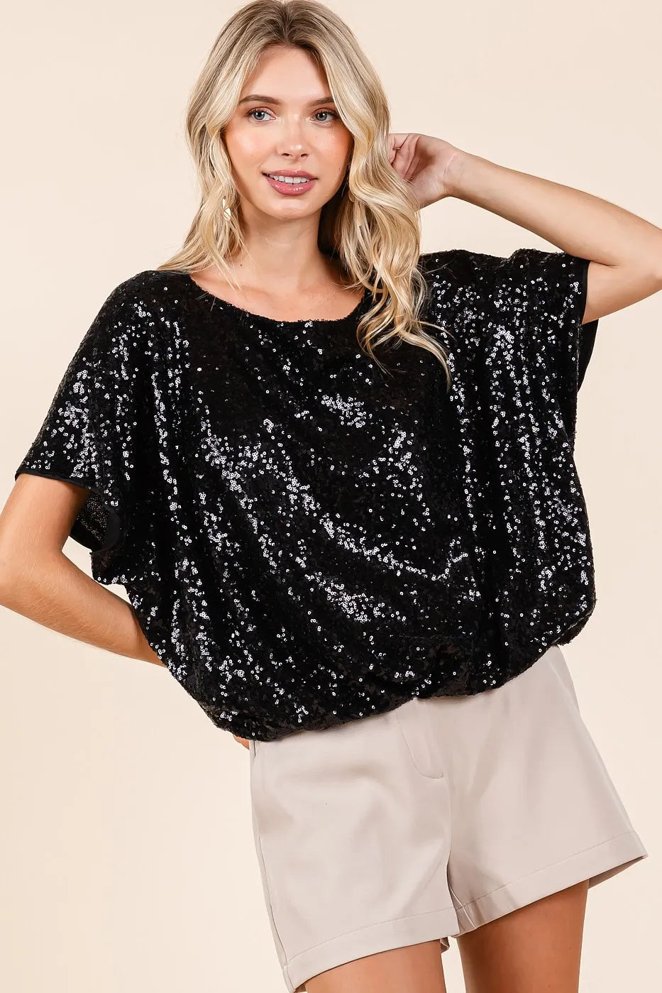 Sequin Short Sleeve Top with Elastic Band Hem – Sparkling Glamour Black Blouse Jewelry Bubble