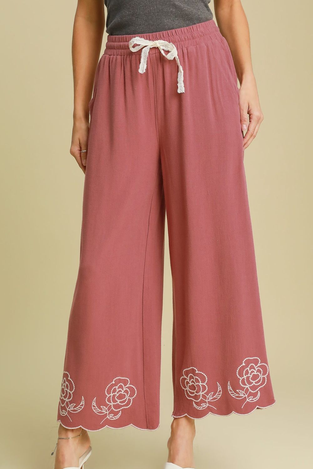 Breathable Linen Blend Wide Leg Pants with Unique Scalloped Hemline in Dusty Pink Color Trendsi