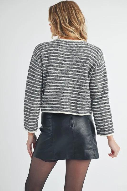 Striped Button Down Round Neck Cardigan