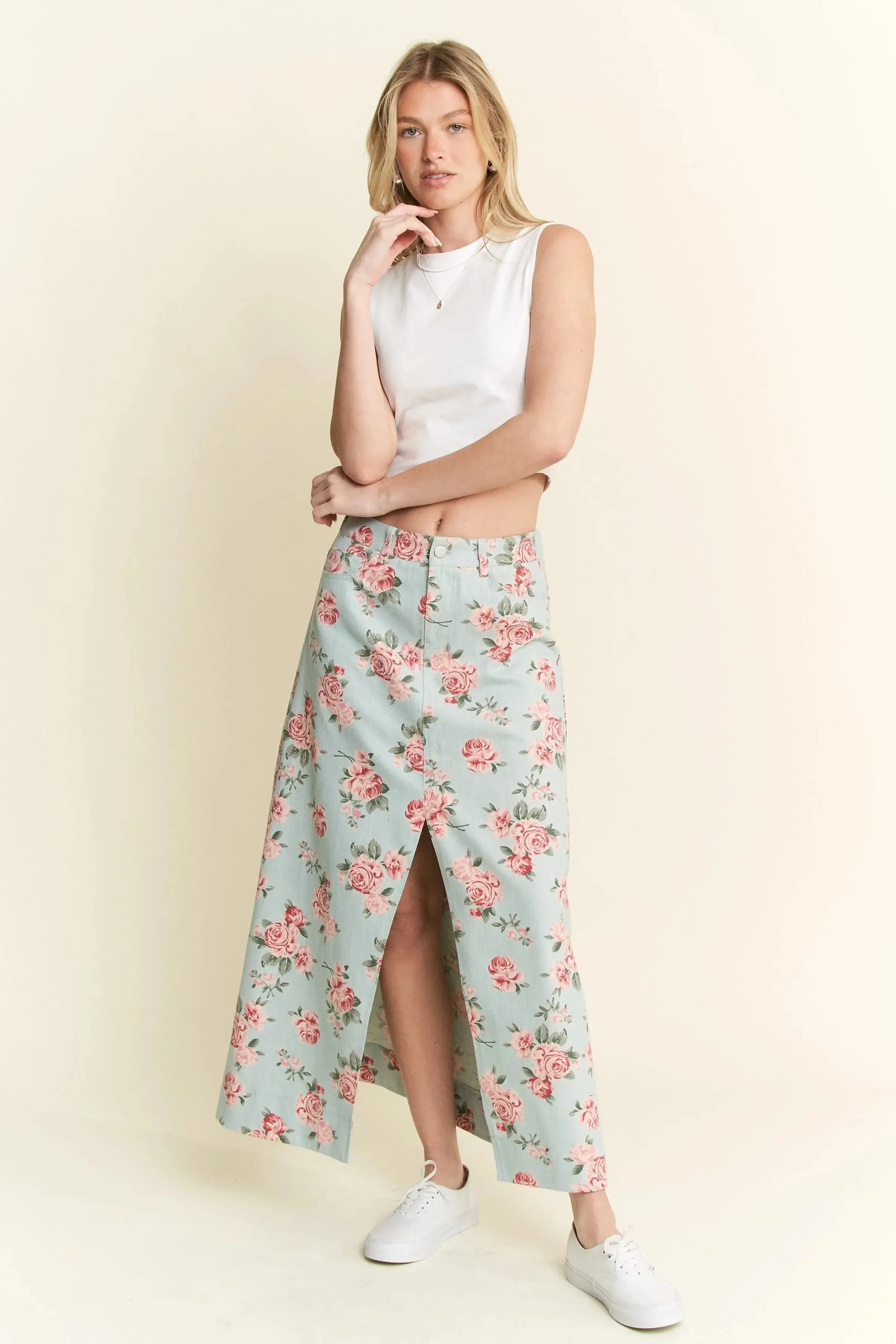 Jade By Jane Full Size Floral Print Front Slit Denim Maxi Skirt Plus Size Trendsi