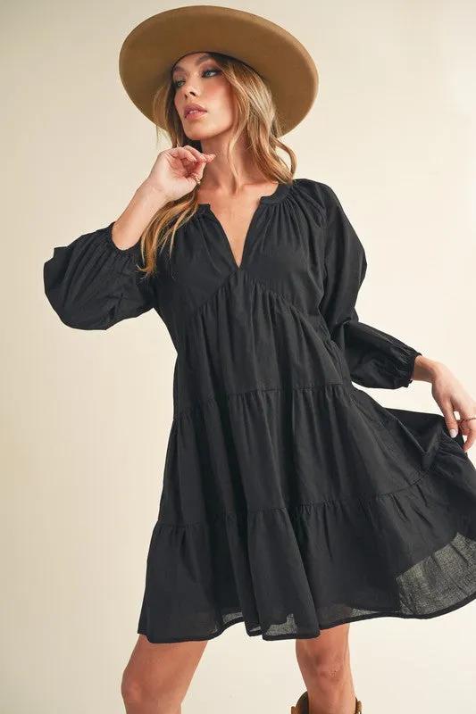 Notched Balloon Sleeve Tiered Mini Dress