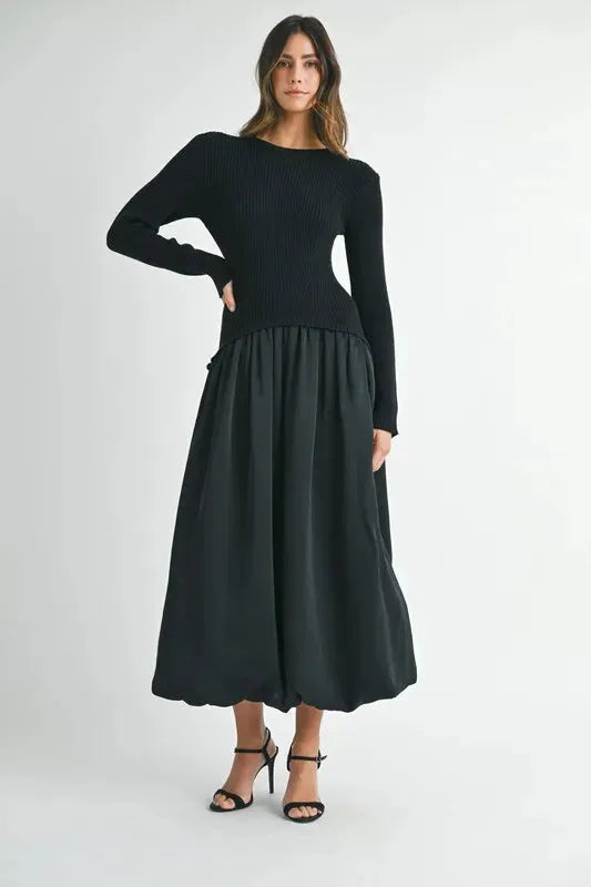 Black Ribbed Poplin Mix Midi Sweater Dress: Trendy and Versatile