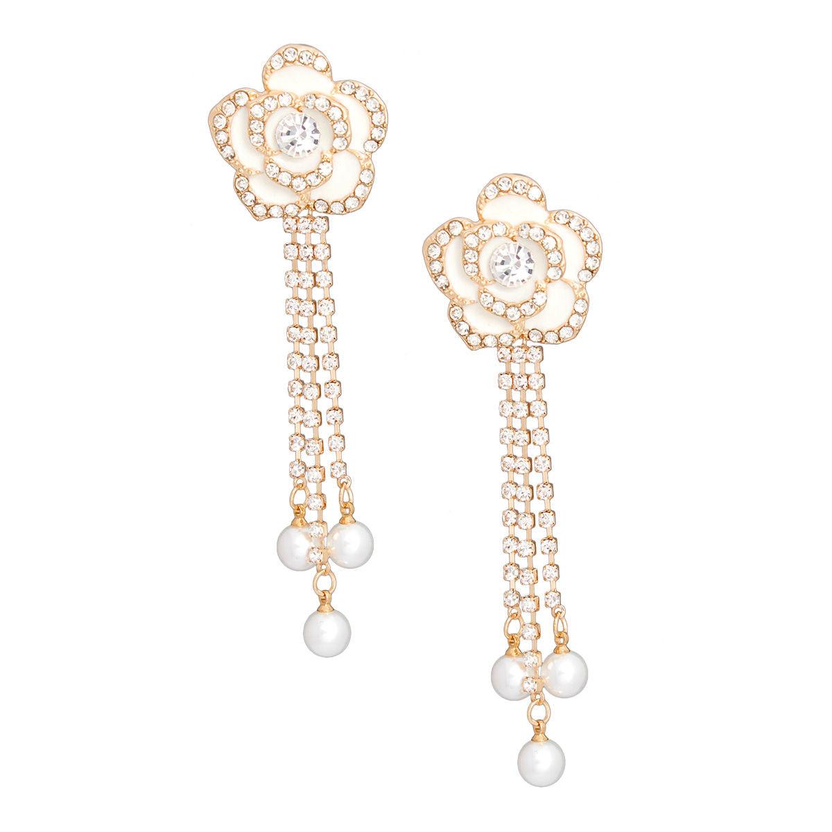 Drop White Rose Pave Fringe Gold Earrings Women