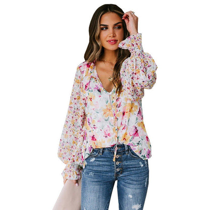 Casual Floral Print Balloon Sleeve Tie Front Blouse