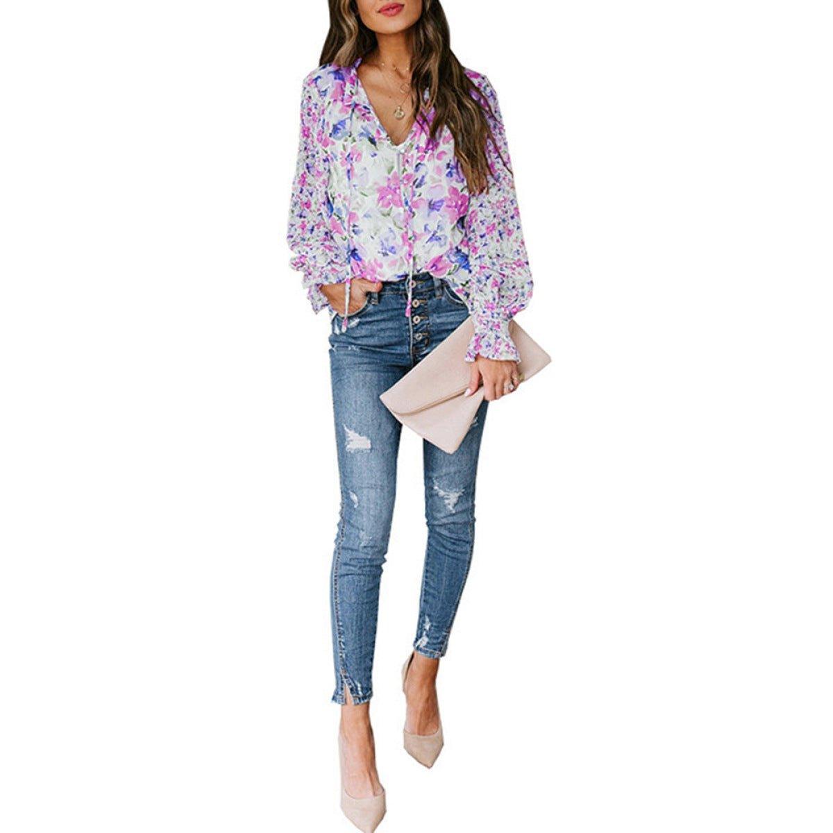 Casual Floral Print Balloon Sleeve Tie Front Blouse