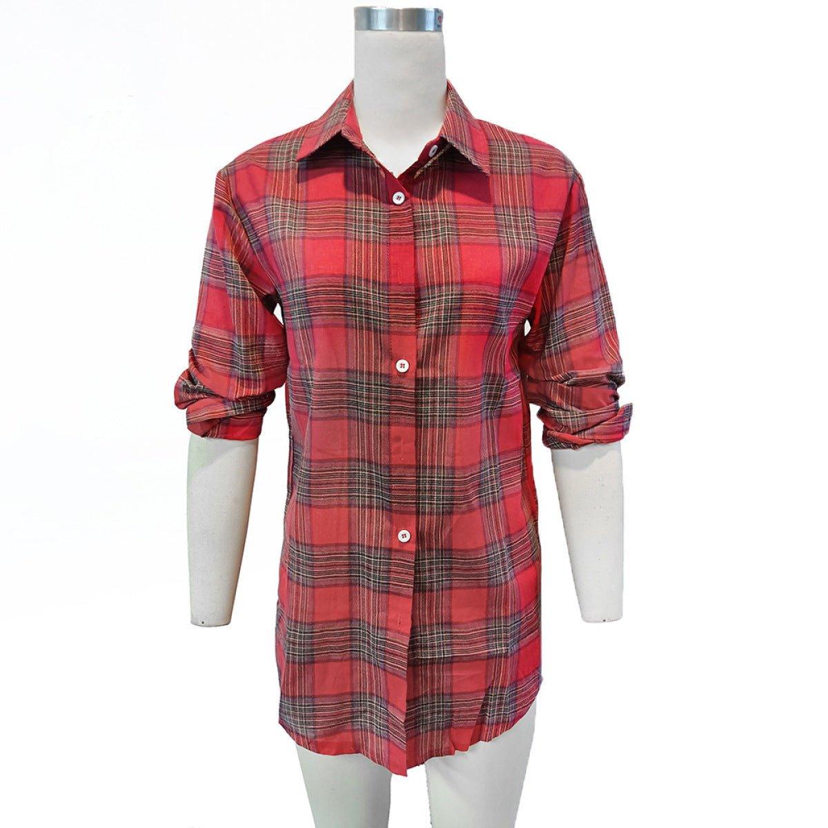 Casual Red Plaid Single-Breasted Long-Sleeved Shirt