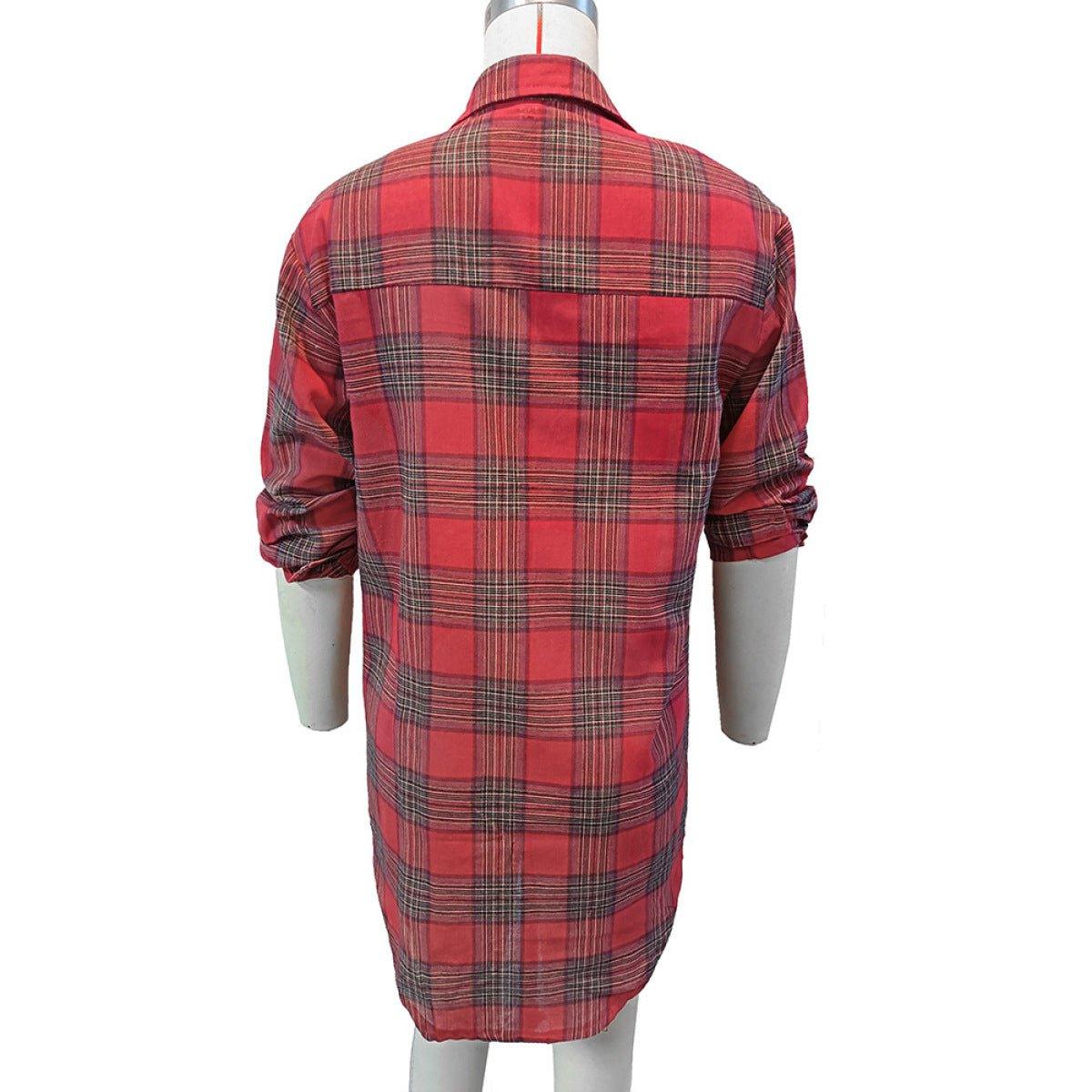 Casual Red Plaid Single-Breasted Long-Sleeved Shirt