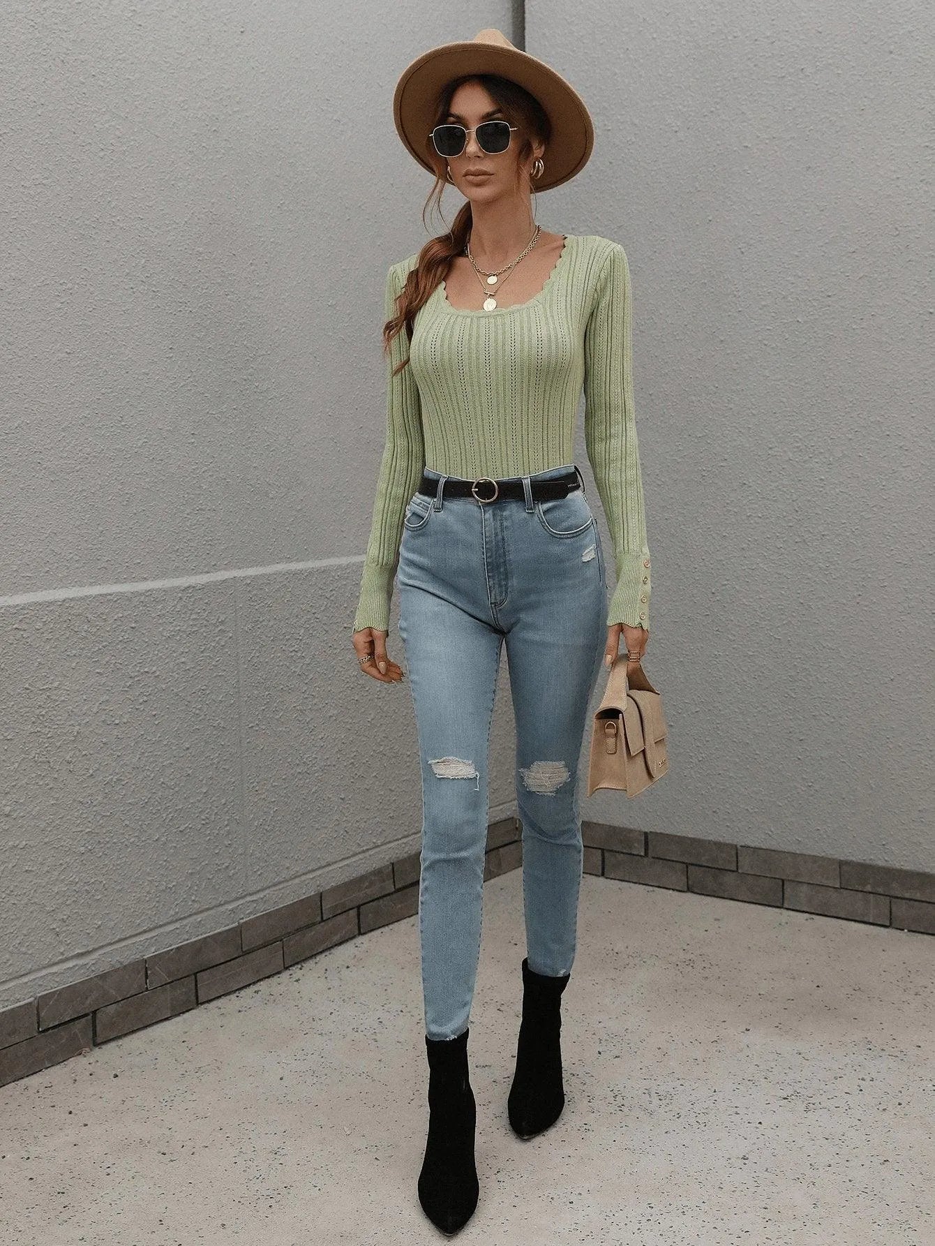 Casual Square Neck Ribbed Solid Color Sweater