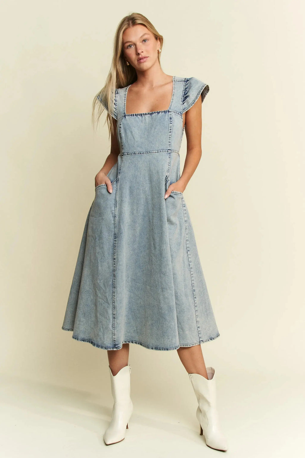 Jade By Jane Full Size Ruffled Denim Midi Dress Plus Size Jewelry Bubble
