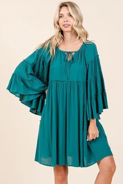 Teal Color Frill Tie Neck Bell Sleeve Dress That Screams Effortless Chic
