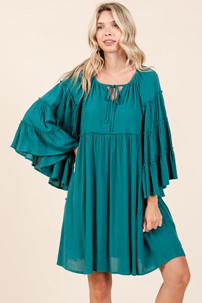 Teal Color Frill Tie Neck Bell Sleeve Dress That Screams Effortless Chic Trendsi