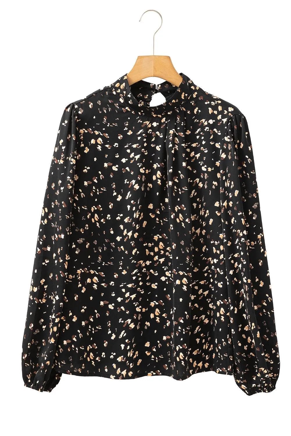 Leopard Print Puff Sleeve Mock Neck Blouse with Pleated Detail – Black or White