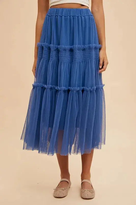 Royal Blue Tulle Midi Skirt – Tiered Mesh, Frill Detail, Lined Jewelry Bubble
