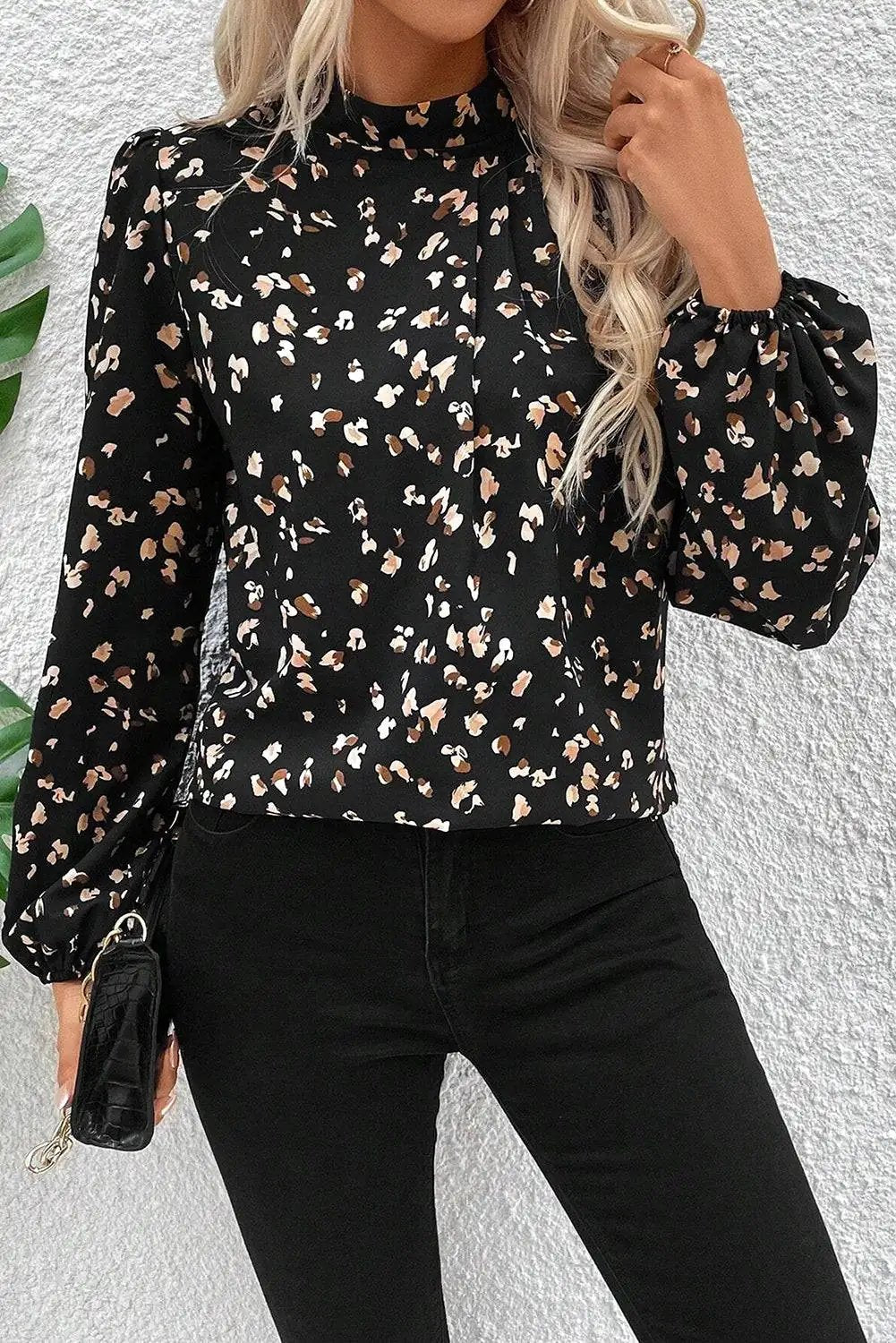 Leopard Print Puff Sleeve Mock Neck Blouse with Pleated Detail – Black or White