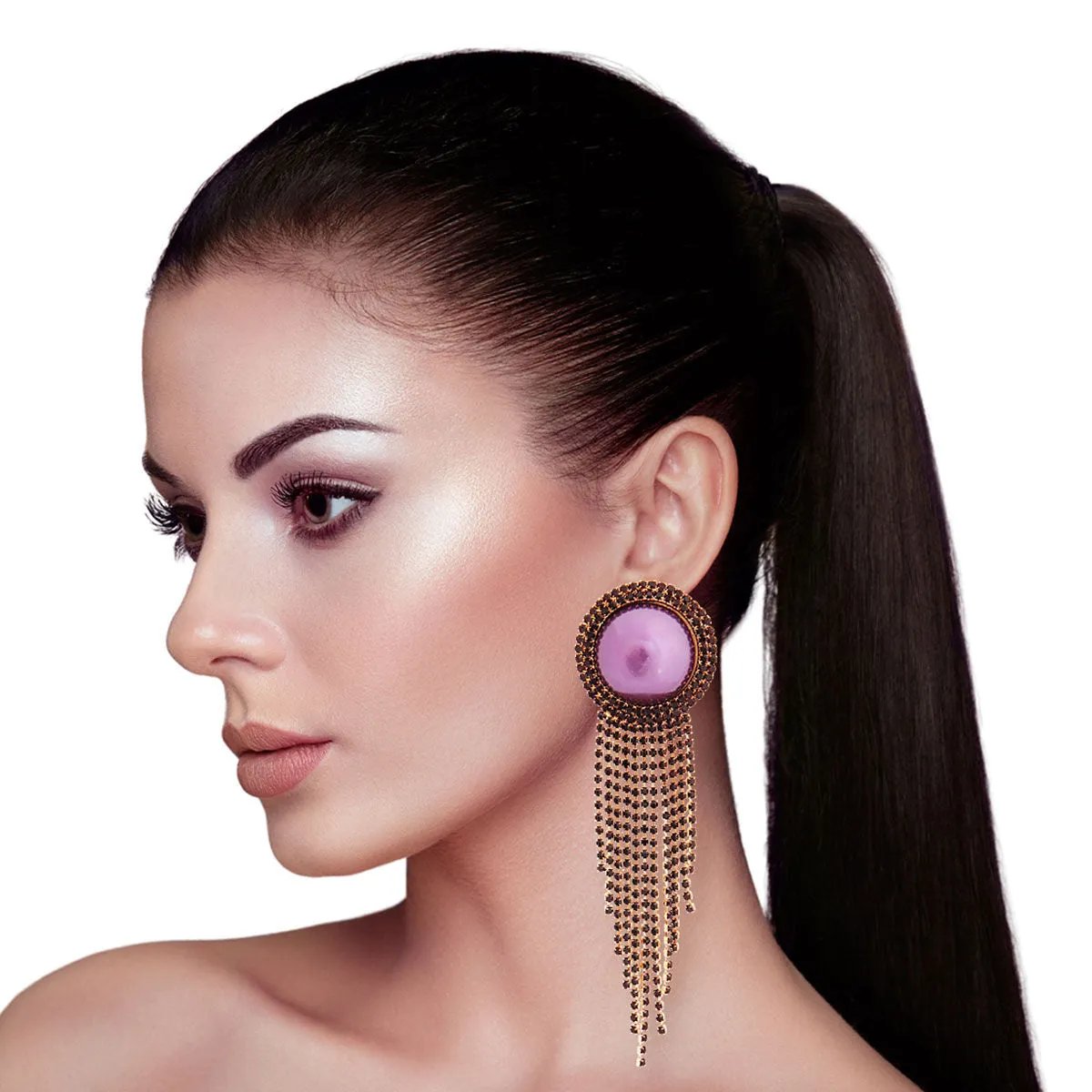Gold Tone Clip-On Earrings Purple Faux Pearl & Rhinestone Fringe | Fashion Jewelry