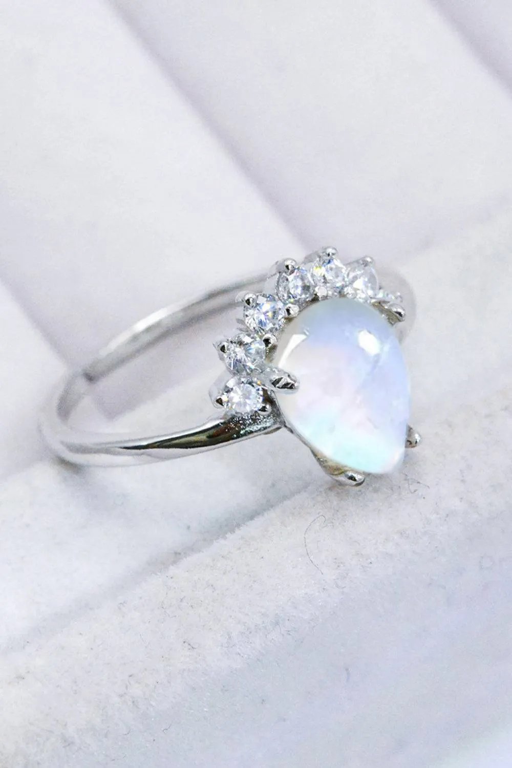 Sterling Silver Natural Moonstone Ring with Zircon Accents – Platinum or Rose Gold Plated