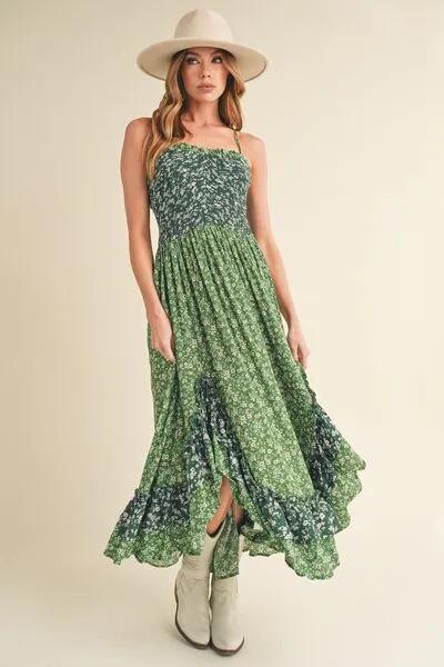 Green Ditsy Floral Ruffled Hem Maxi Cami Dress