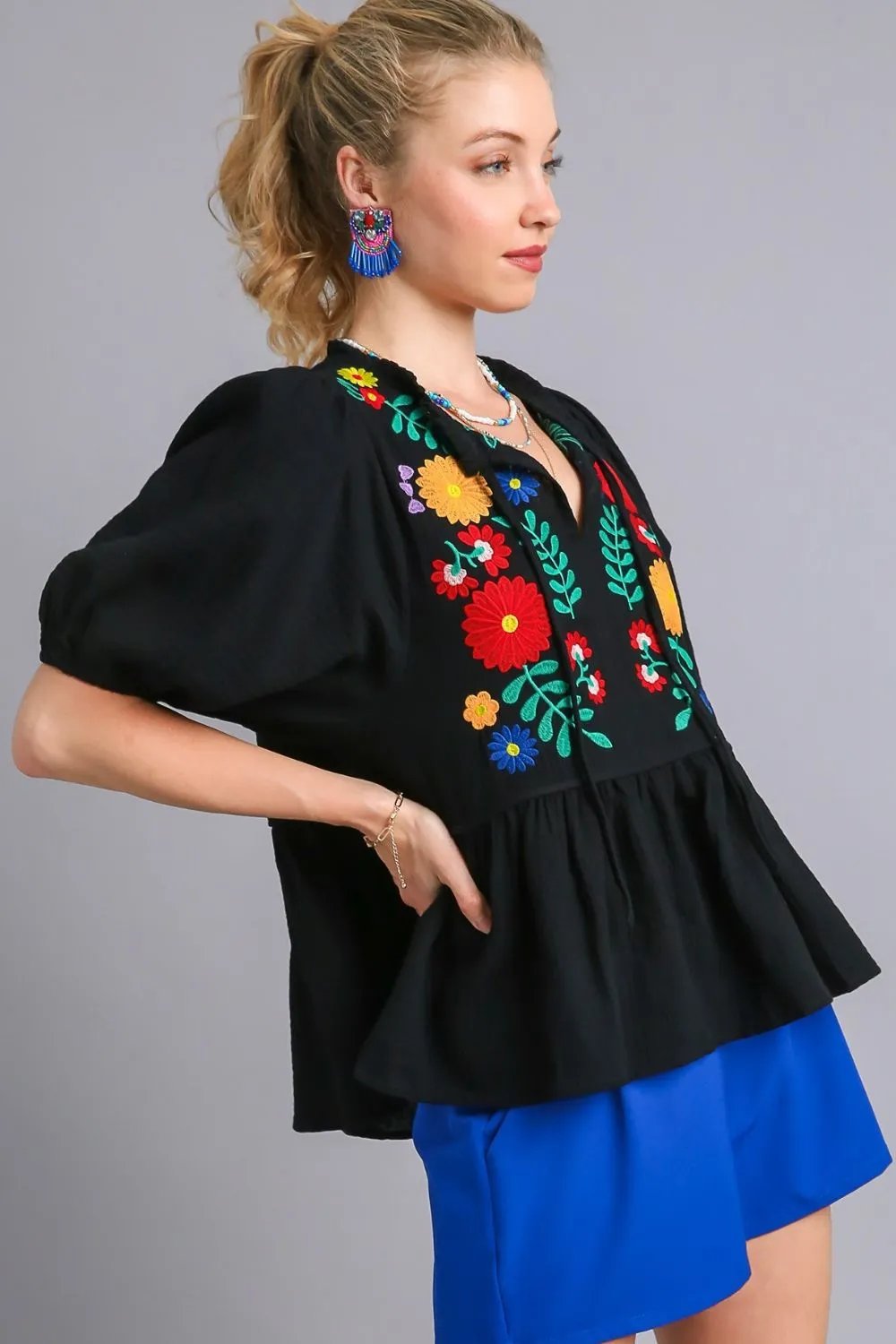 Romantic Cotton Gauze Multicolor Floral Embroidery Babydoll Black Blouse
