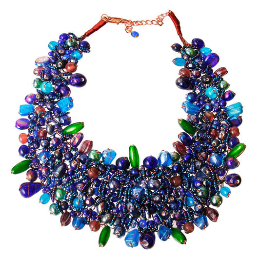 Cerulean-blue Gorgeous Beaded Bib Style Necklace