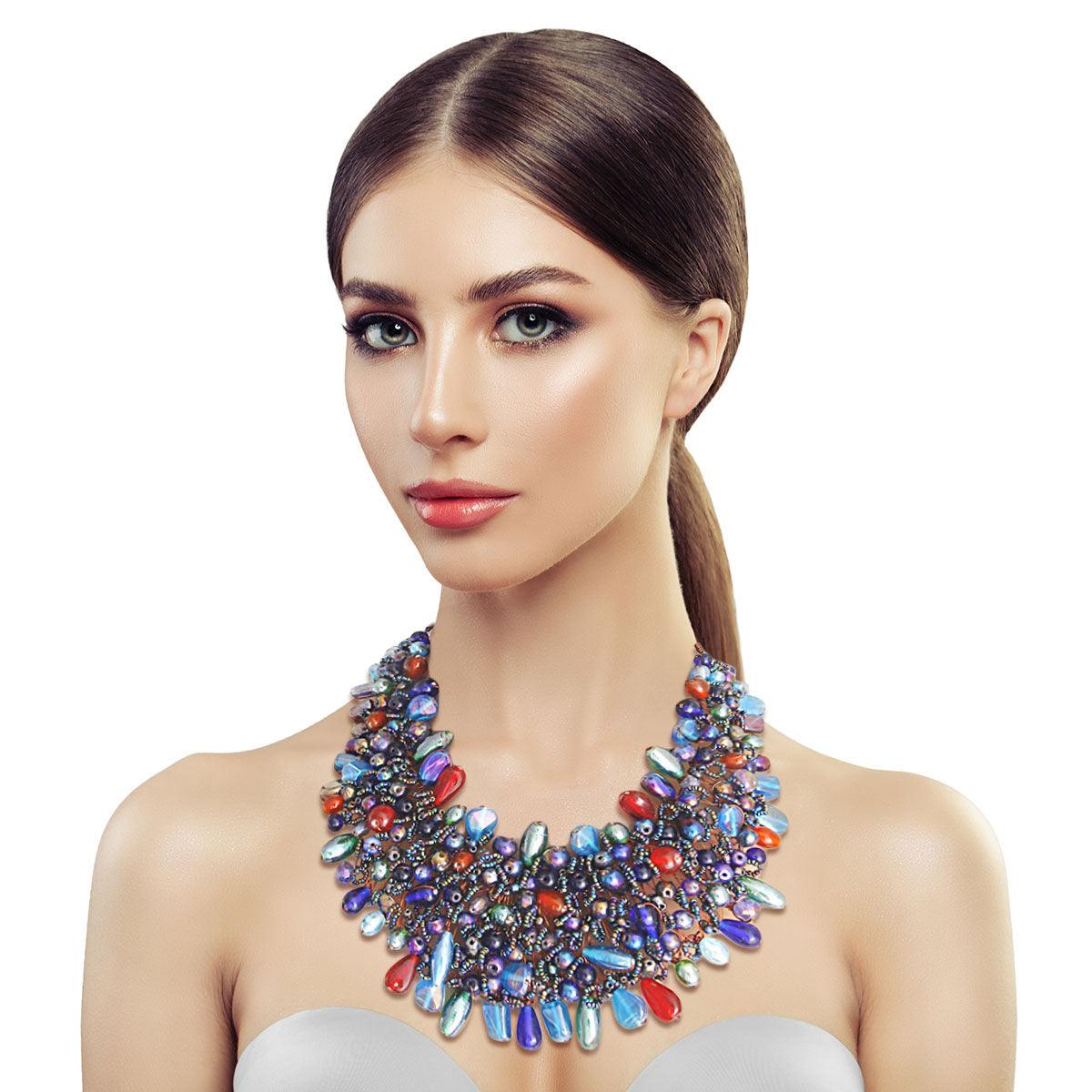 Cerulean-blue Gorgeous Beaded Bib Style Necklace