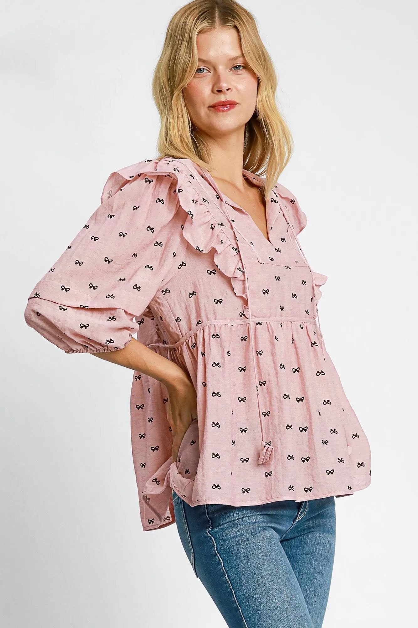 Ruffled Bow Print Tie Neck Peplum Blouse | Summer Women's Fashion