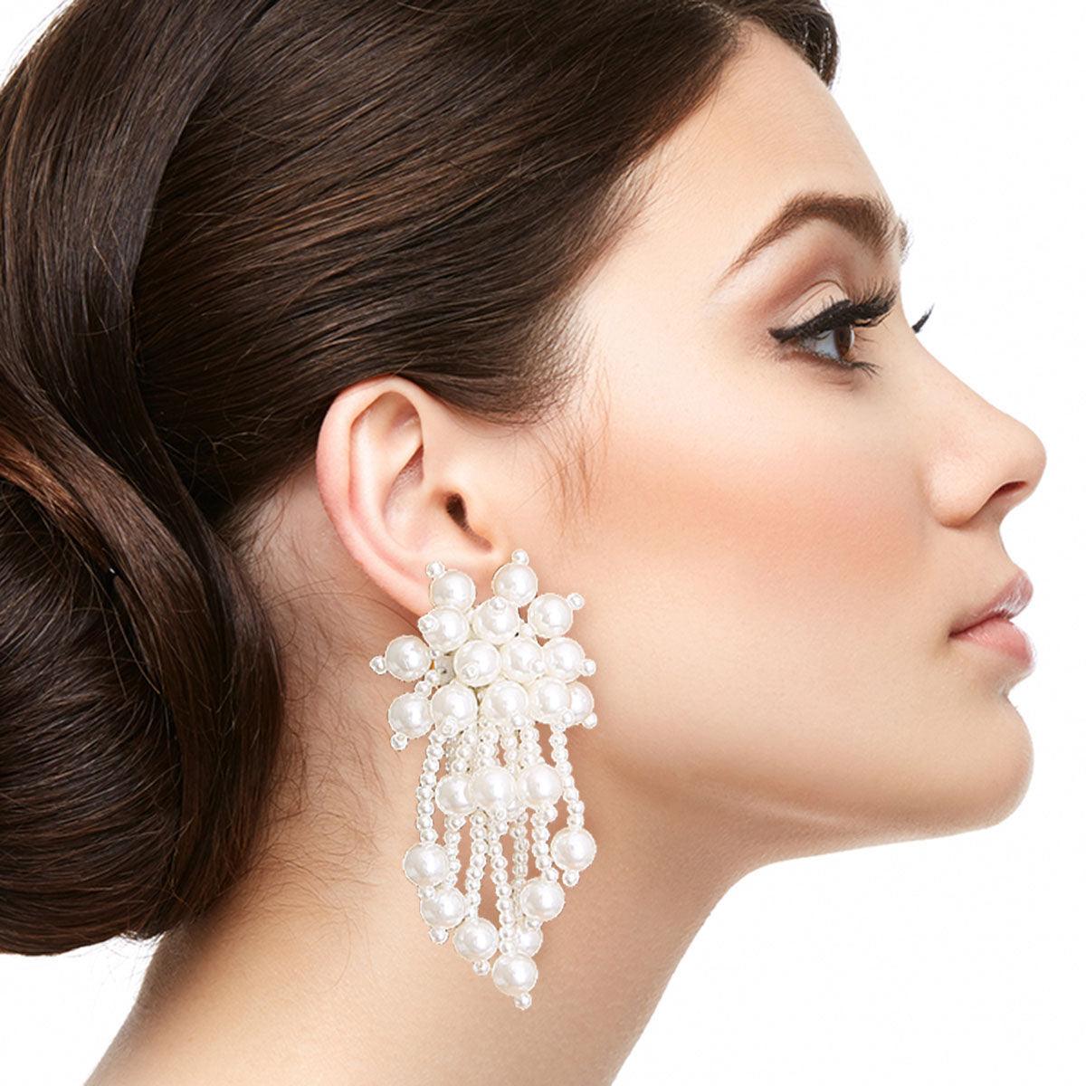 Chic Cream Cluster Drop Pearl Earrings - Make a Bold Statement with Timeless Elegance