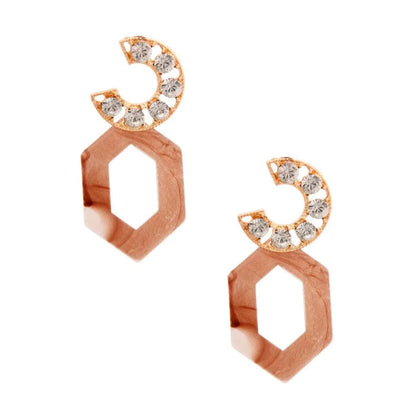 Chic Gold-tone C-Shaped Crystal Earrings with Resin Drops