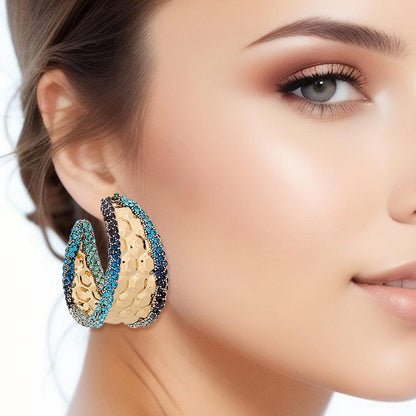 Chic Hoop Earrings Gold Textured Blue Rhinestone Detail