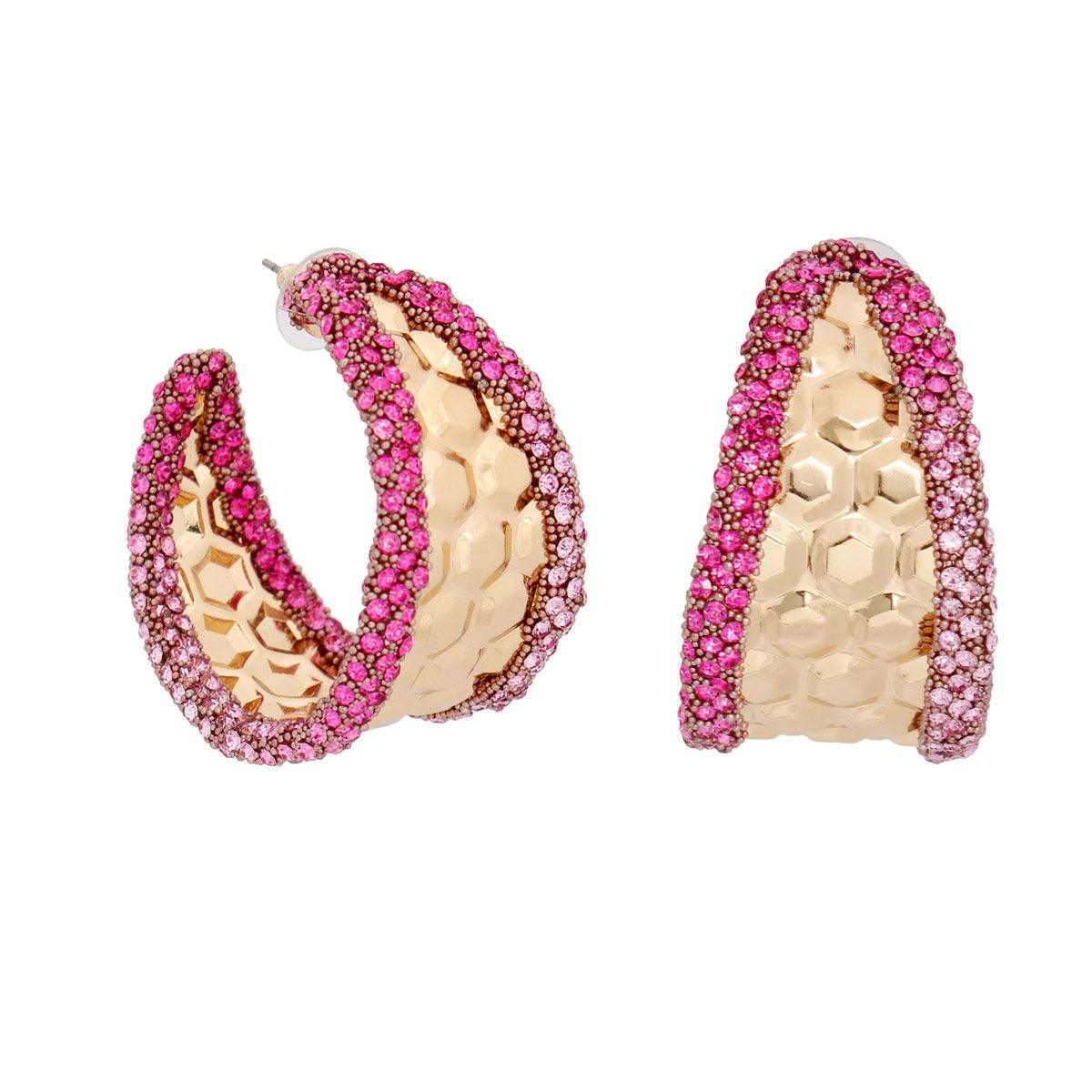 Chic Hoop Earrings Gold Textured Fuchsia Rhinestone Detail