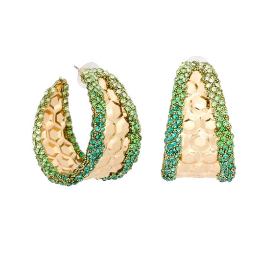 Chic Hoop Earrings Gold Textured Green Rhinestone Detail