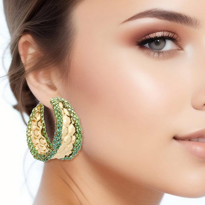 Chic Hoop Earrings Gold Textured Green Rhinestone Detail