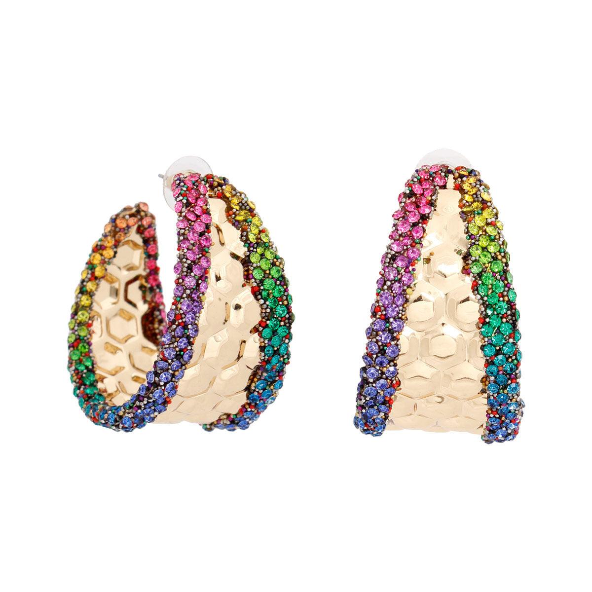 Chic Hoop Earrings Gold Textured Rainbow Rhinestone Detail