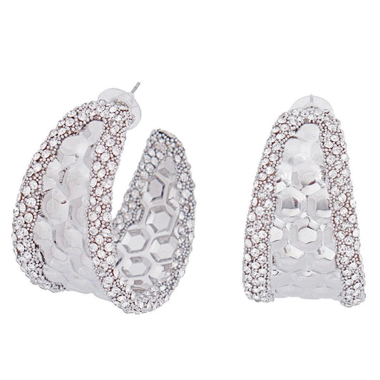 Chic Hoop Earrings Silver Textured Clear Rhinestone Detail